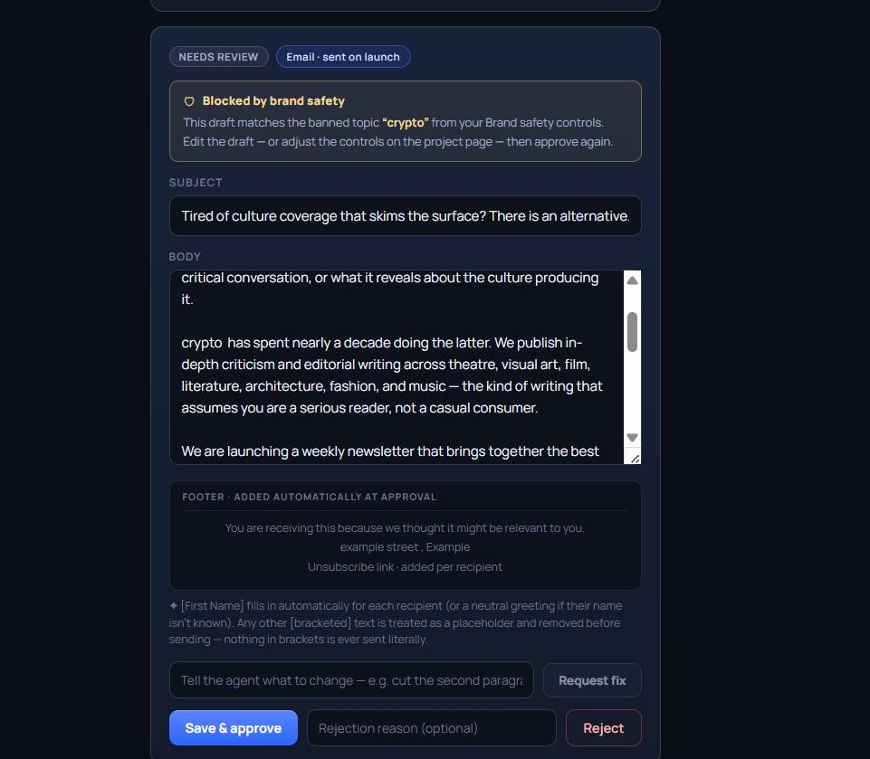 A campaign draft held by brand safety, showing an amber notice that names the banned topic “crypto.”